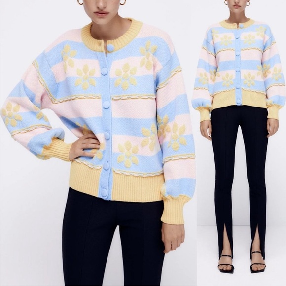 Zara Floral Jacquard Knit Cardigan Pastel Blue Yellow Size S NWT Rare - Picture 1 of 14